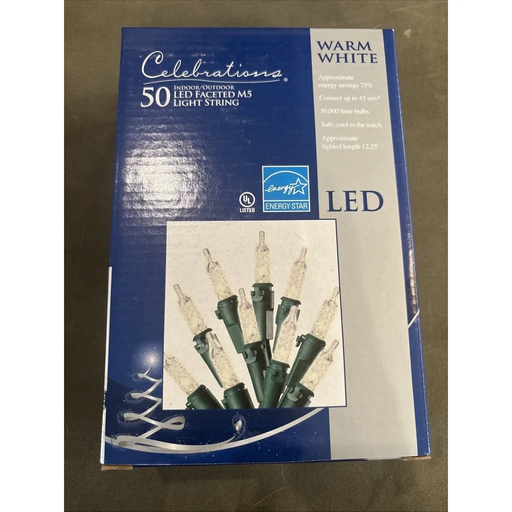 NOS Celebrations 50 Indoor Outdoor Led Faceted M5 Light String Warm White